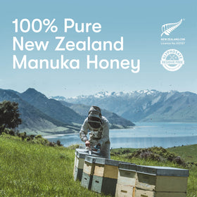 New Zealand Honey Co. Raw Manuka UMF15 bees in native NZ meadow