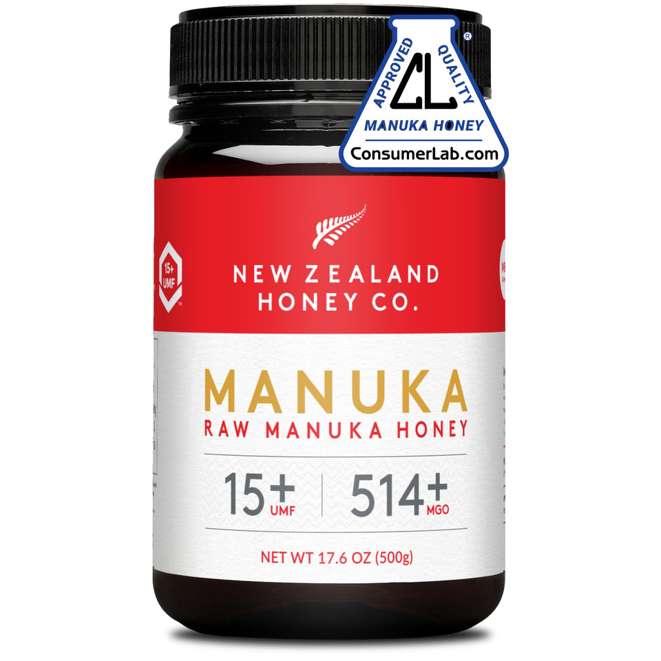 New Zealand Honey Co. Raw Manuka UMF15 bottle pouring for natural sweetness and texture