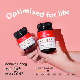 New Zealand Honey Co. Raw Manuka UMF15 spoon drizzling honey into tea