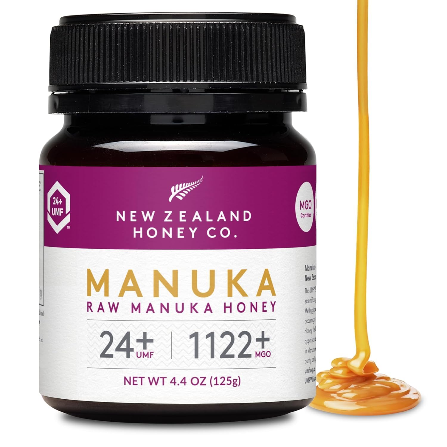 New Zealand Honey Co. raw Manuka honey UMF 24+ in a jar, ideal for daily sweetness.