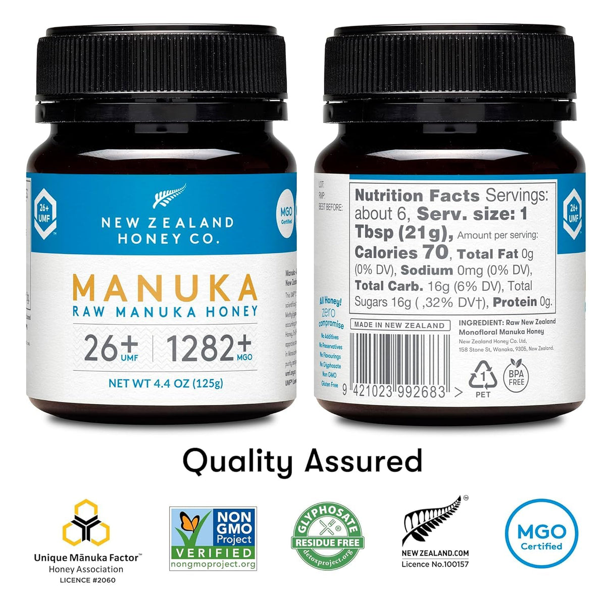 New Zealand Honey Co. UMF26+ label closeup confirms authenticity and quality