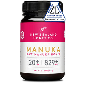 New Zealand Honey Co UMF 20+ Manuka bottle close-up for premium honey