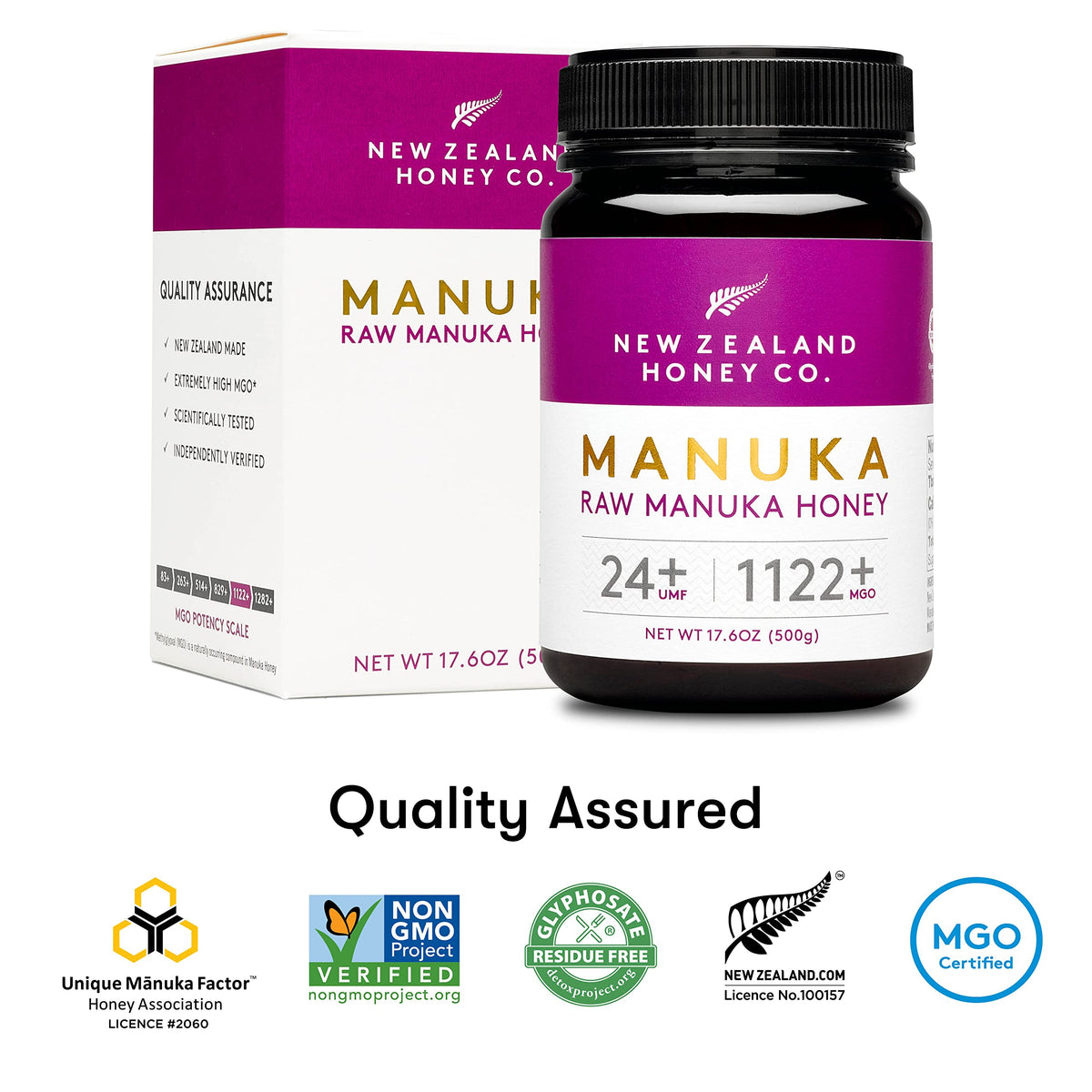 UMF certification label indicating high-grade Manuka honey from New Zealand Honey Co.