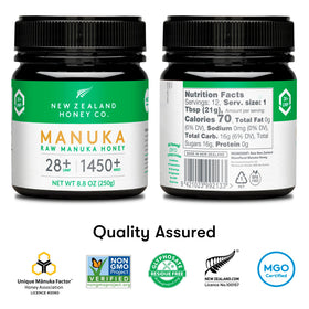 New Zealand Honey Co UMF28 label detail confirms high-grade Manuka honey.