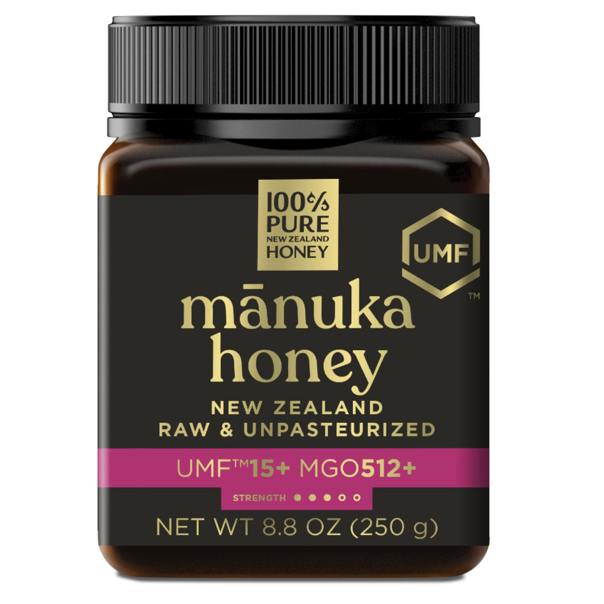 100% Pure New Zealand Honey Manuka UMF 15+ bottle close-up highlights premium quality and flavor