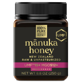 100% Pure New Zealand Honey Manuka UMF 15+ bottle close-up highlights premium quality and flavor