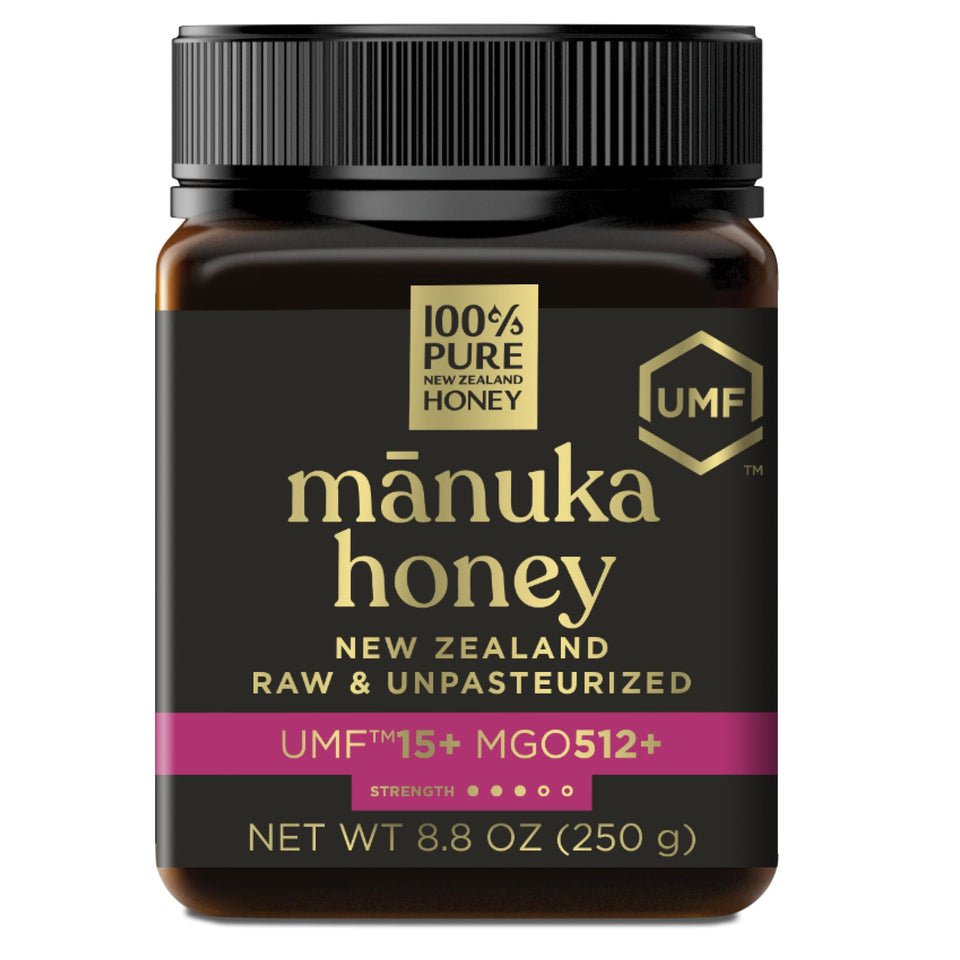 100% Pure New Zealand Honey Manuka UMF 15+ bottle close-up highlights premium quality and flavor