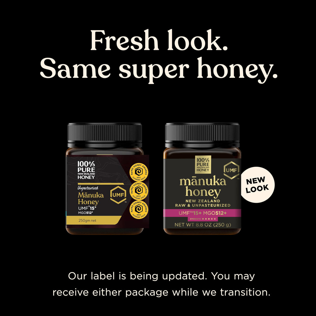 100% Pure New Zealand Honey Manuka UMF 15+ label detail emphasizing purity and certification