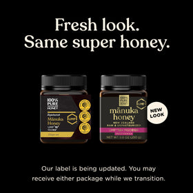 100% Pure New Zealand Honey Manuka UMF 15+ label detail emphasizing purity and certification