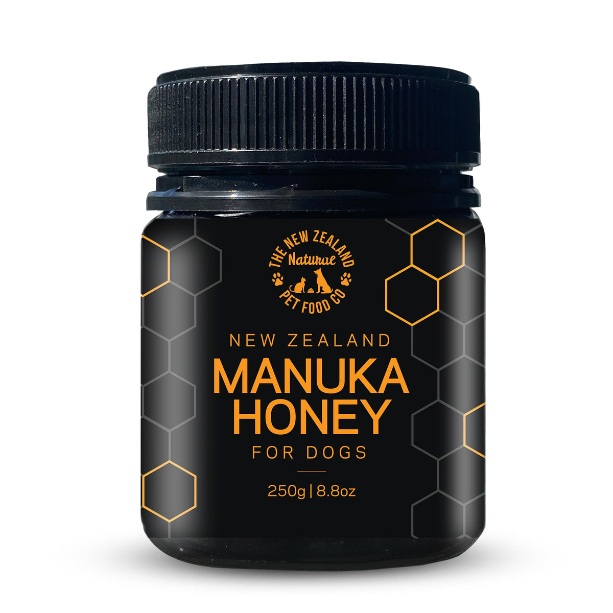 The New Zealand Natural Pet Food Co Woof treats pack shows nutrient-rich honey for dogs.