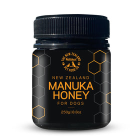 The New Zealand Natural Pet Food Co Woof treats pack shows nutrient-rich honey for dogs.