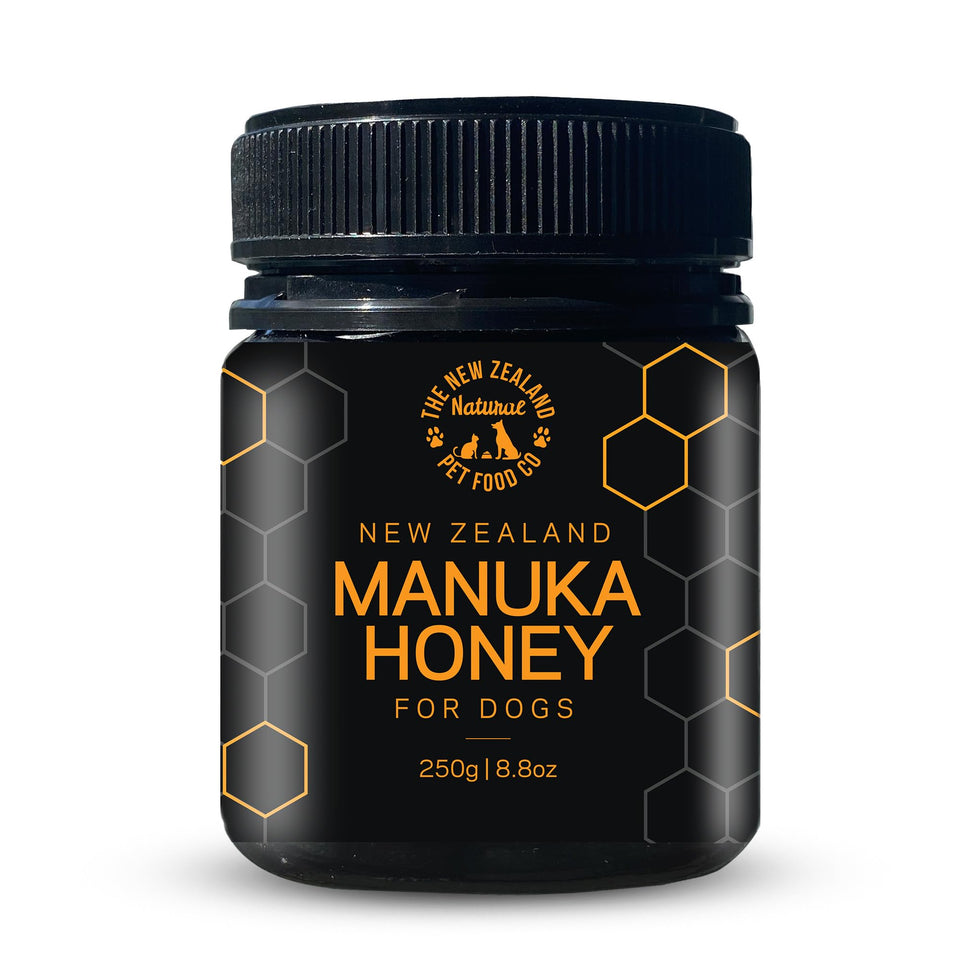 The New Zealand Natural Pet Food Co Woof treats pack shows nutrient-rich honey for dogs.