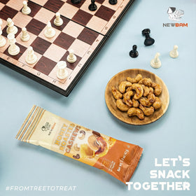 NEWBAM Honey Roasted Cashews in a wooden bowl for sharing or quick bite.