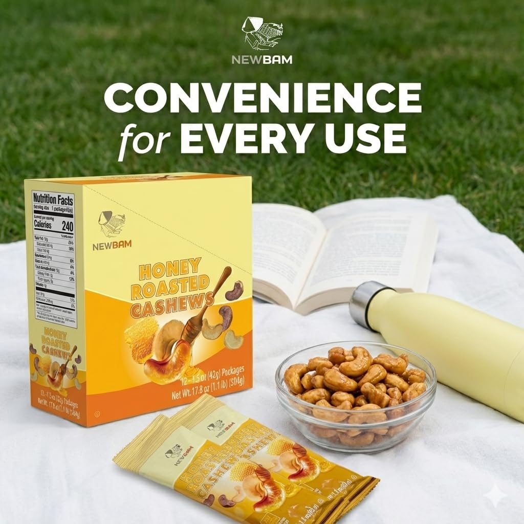 NEWBAM Honey Roasted Cashews on-the-go snack in a bag for travel.