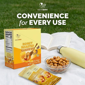 NEWBAM Honey Roasted Cashews on-the-go snack in a bag for travel.
