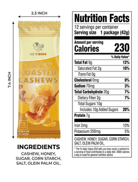 NEWBAM Honey Roasted Cashews open pack showing glossy honey glaze.