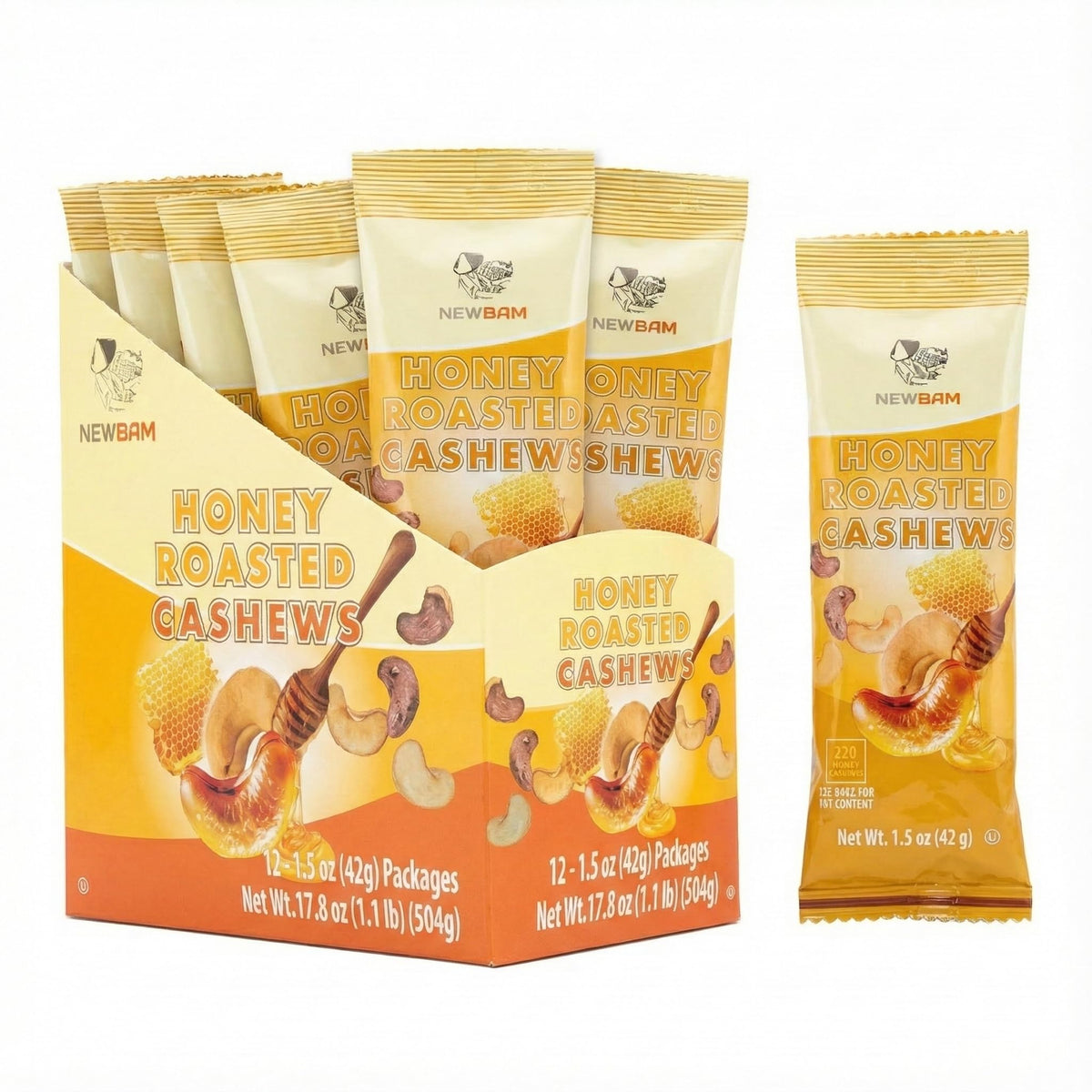 NEWBAM Honey Roasted Cashews 1.5 oz pack, convenient on-the-go energy.