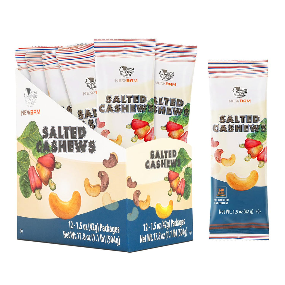NEWBAM Lightly Salted Cashews, individual pack, ideal for on-the-go energy and crisp crunch.