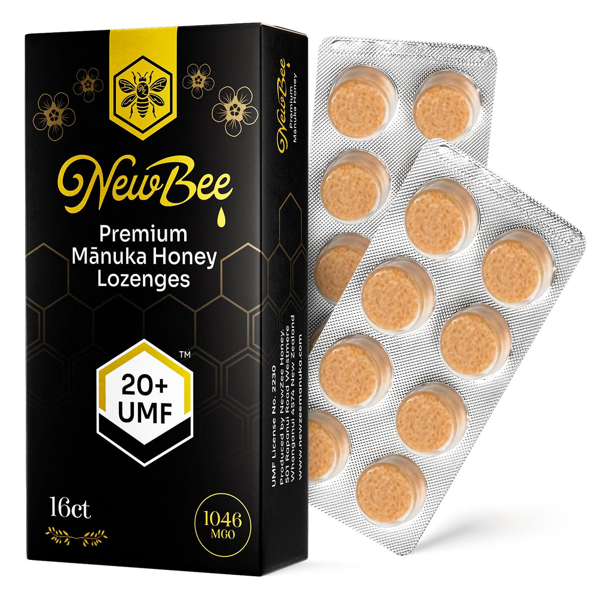 NEWBEE Manuka Lozenges 16-count pack shot for daily, convenient use.