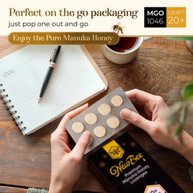 NEWBEE Manuka Lozenges MGO 1046 label close-up emphasizes strength.