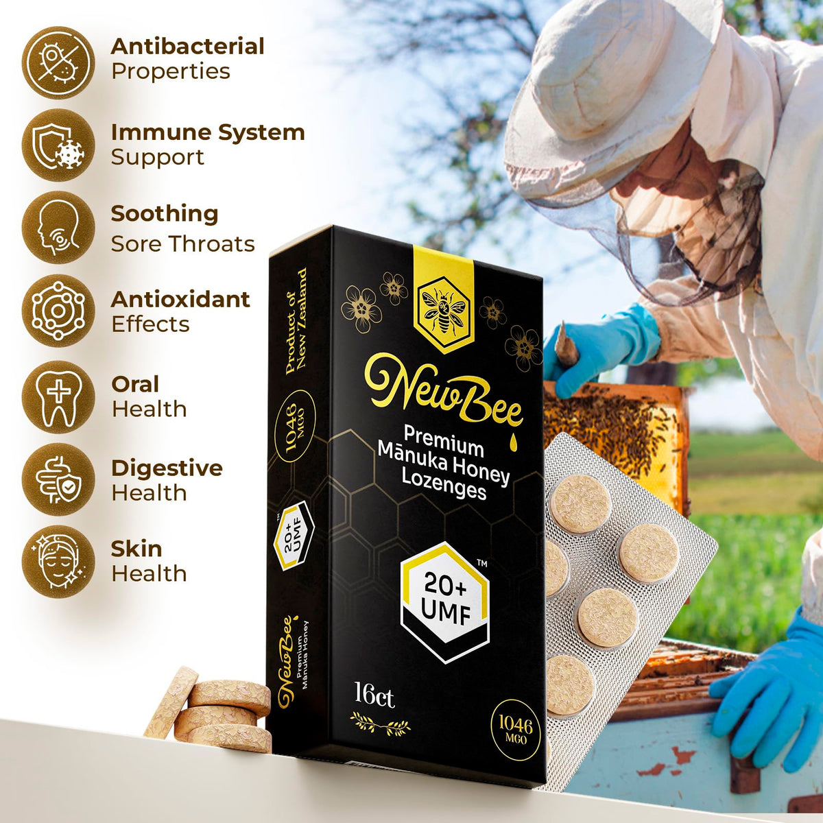 NEWBEE Manuka Lozenges monofloral honey jar shows authentic origin and purity.
