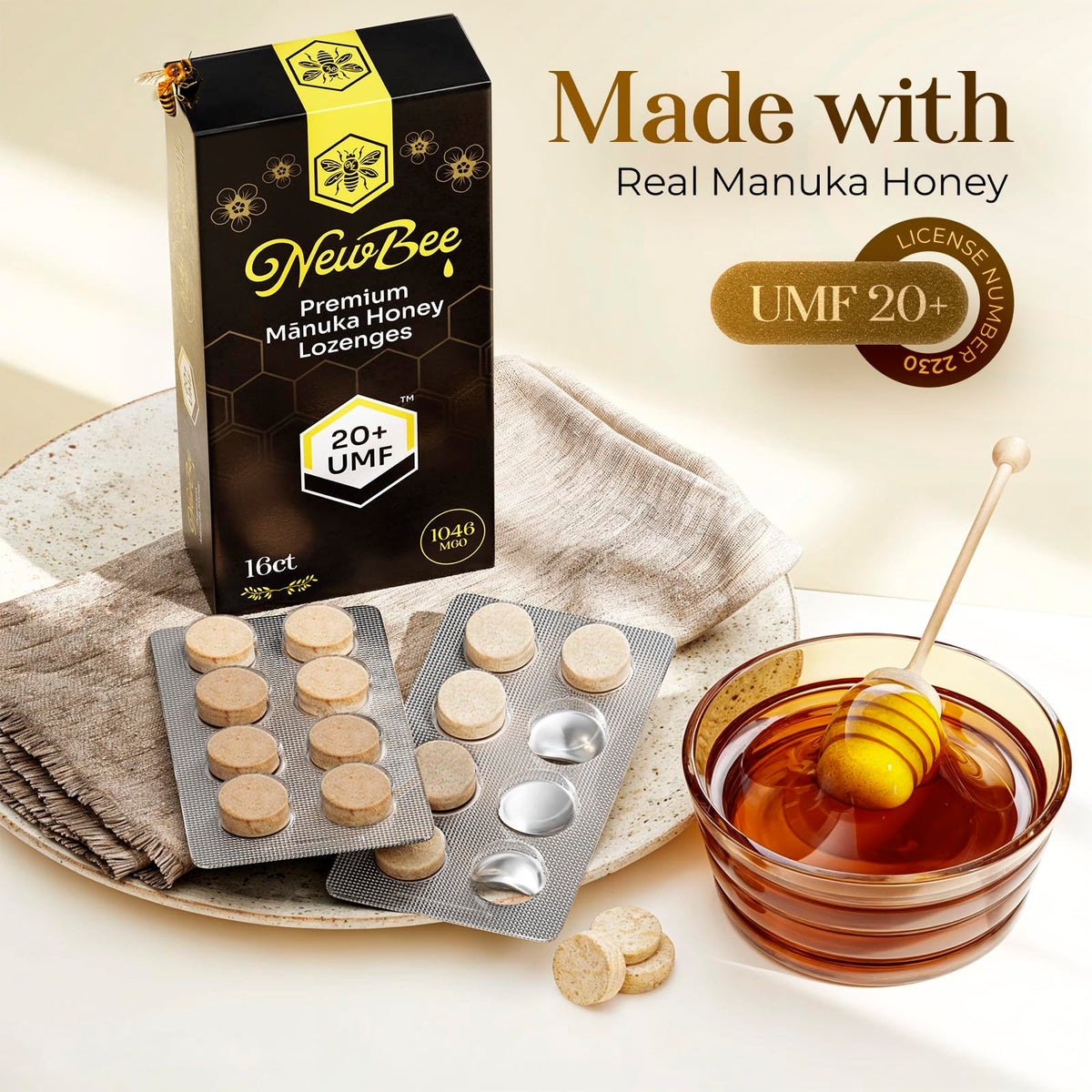 NEWBEE Manuka Lozenges UMF 20+ label close-up highlights potency.
