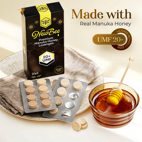 NEWBEE Manuka Lozenges UMF 20+ label close-up highlights potency.