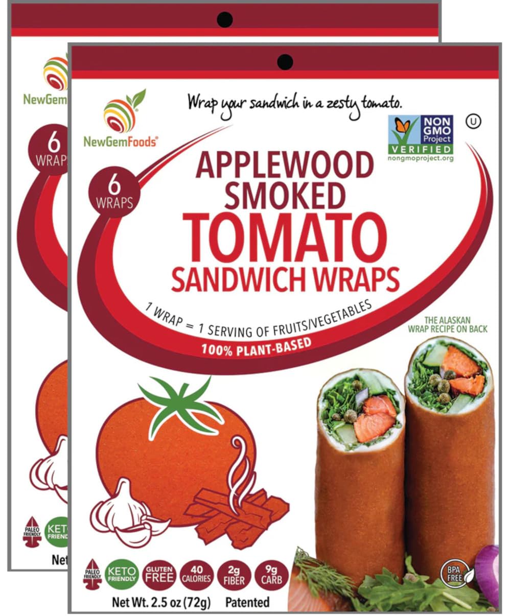 NewGem Applewood smoked tomato wraps two-pack front packaging, pantry-ready vegan option.
