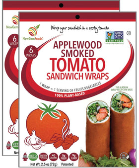 NewGem Applewood smoked tomato wraps two-pack front packaging, pantry-ready vegan option.