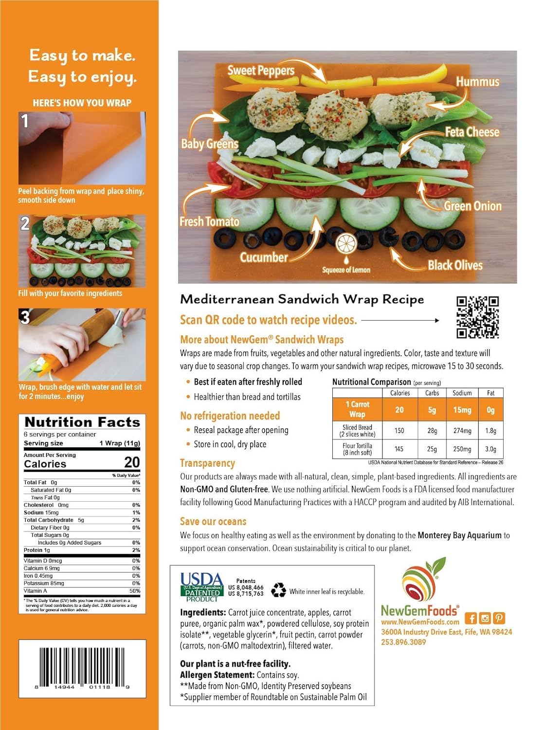 NewGem carrot wraps with no grains, perfect for vegan and paleo quick meals.
