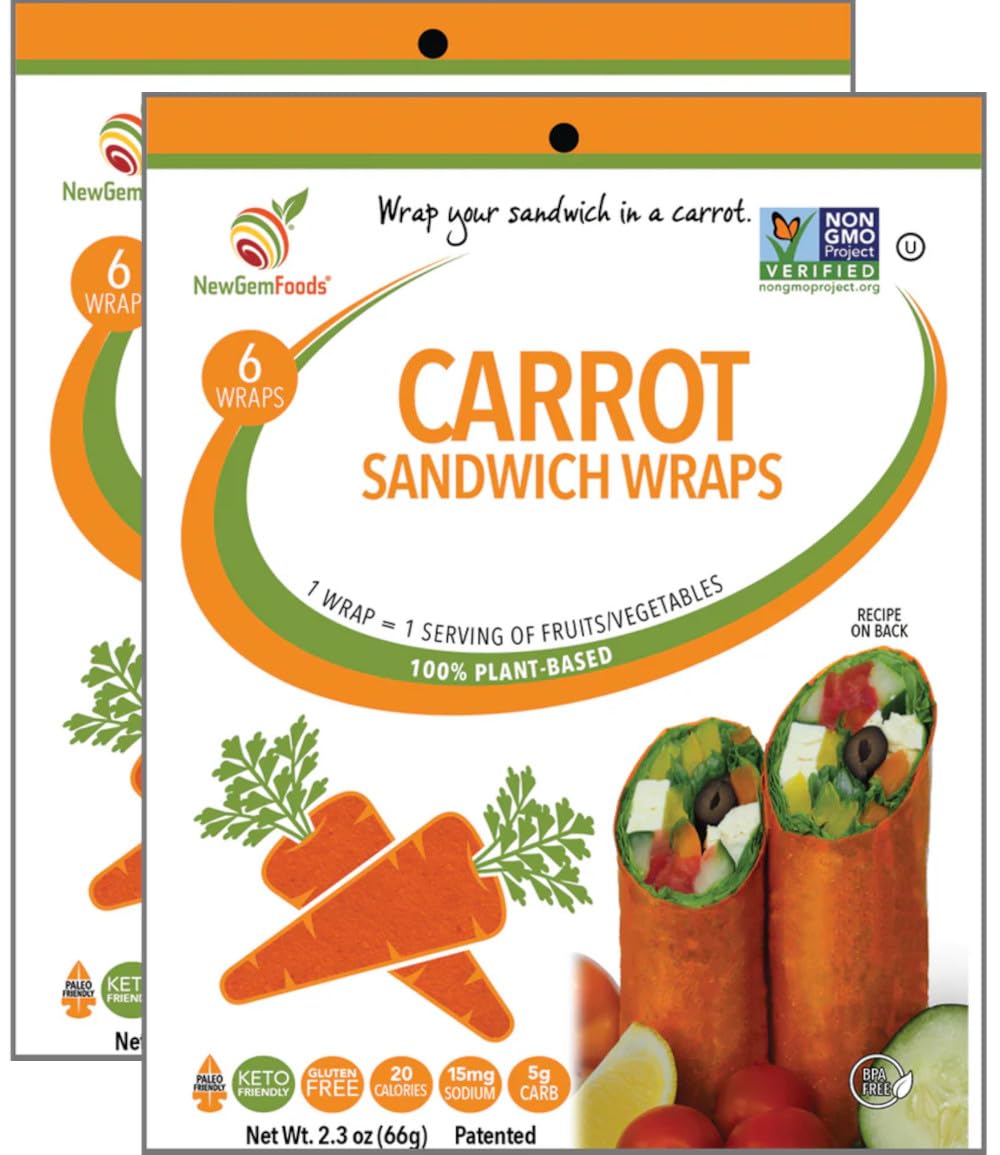NewGem carrot wraps in two-pack packaging, showcasing gluten-free convenience and clean-label ingredients.