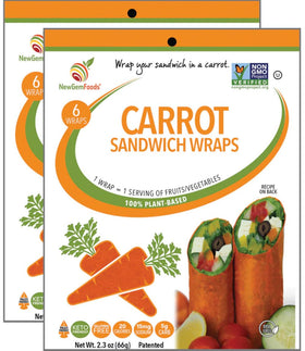 NewGem carrot wraps in two-pack packaging, showcasing gluten-free convenience and clean-label ingredients.