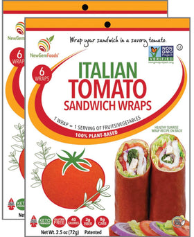 NewGem Italian Tomato Wraps two-pack packaging emphasizes convenient, shelf-stable freshness.