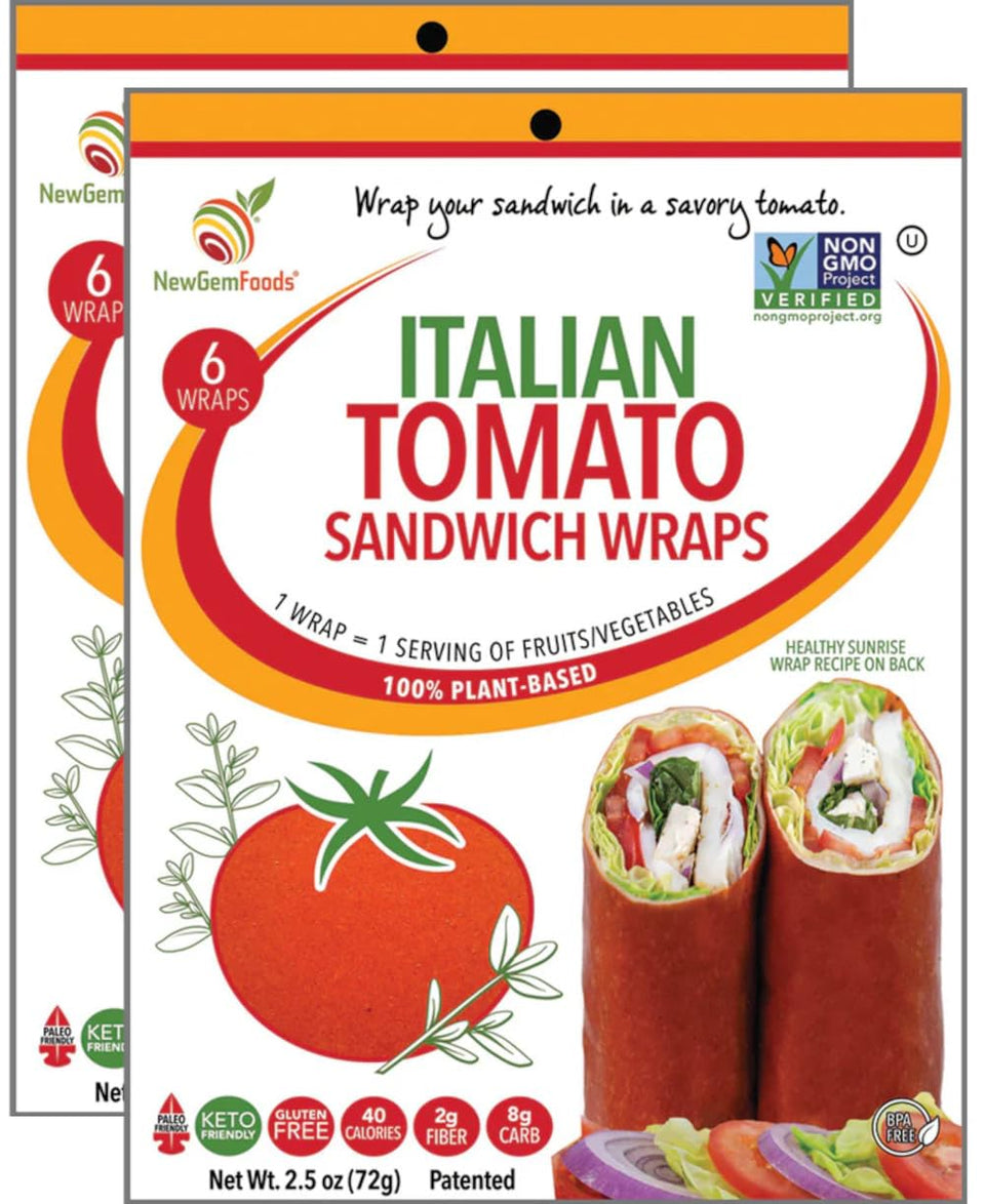 NewGem Italian Tomato Wraps two-pack packaging emphasizes convenient, shelf-stable freshness.