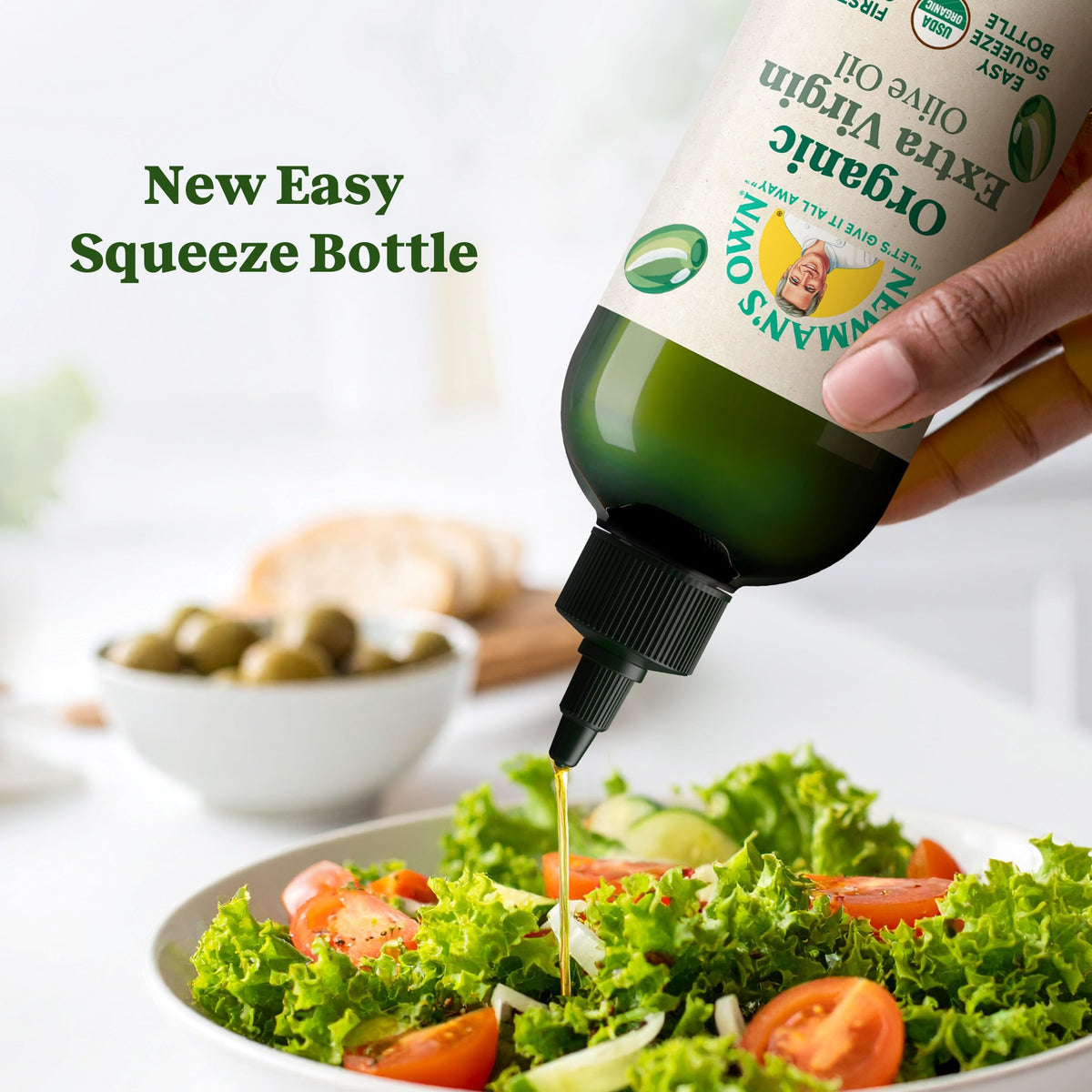 Newman's Own EVOO easy-squeeze nozzle for mess-free pouring during cooking.