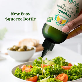 Newman's Own EVOO easy-squeeze nozzle for mess-free pouring during cooking.