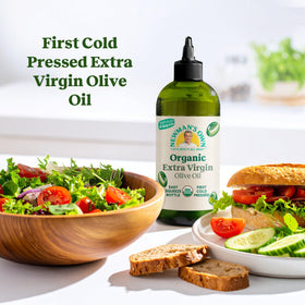 Newman's Own Organic EVOO drizzle over fresh salad highlights balanced flavor.