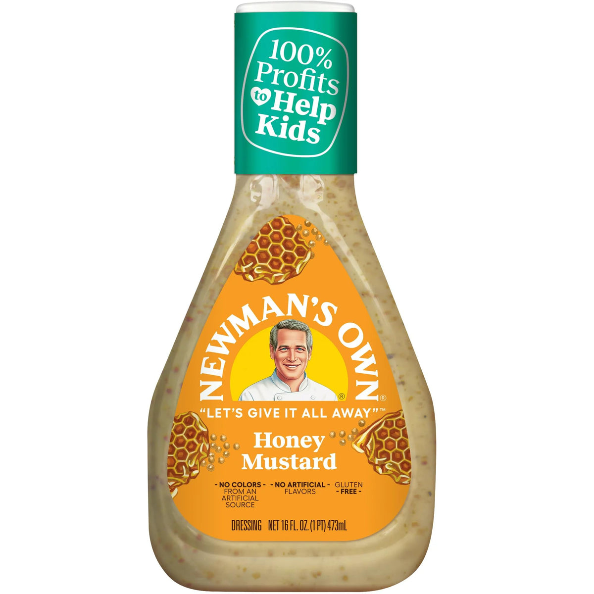Newman's Own Honey Mustard Dressing bottle cap shown for easy serving and pouring.