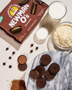 Closeup of Newman-O's sandwich cookies shows rich chocolate creme.