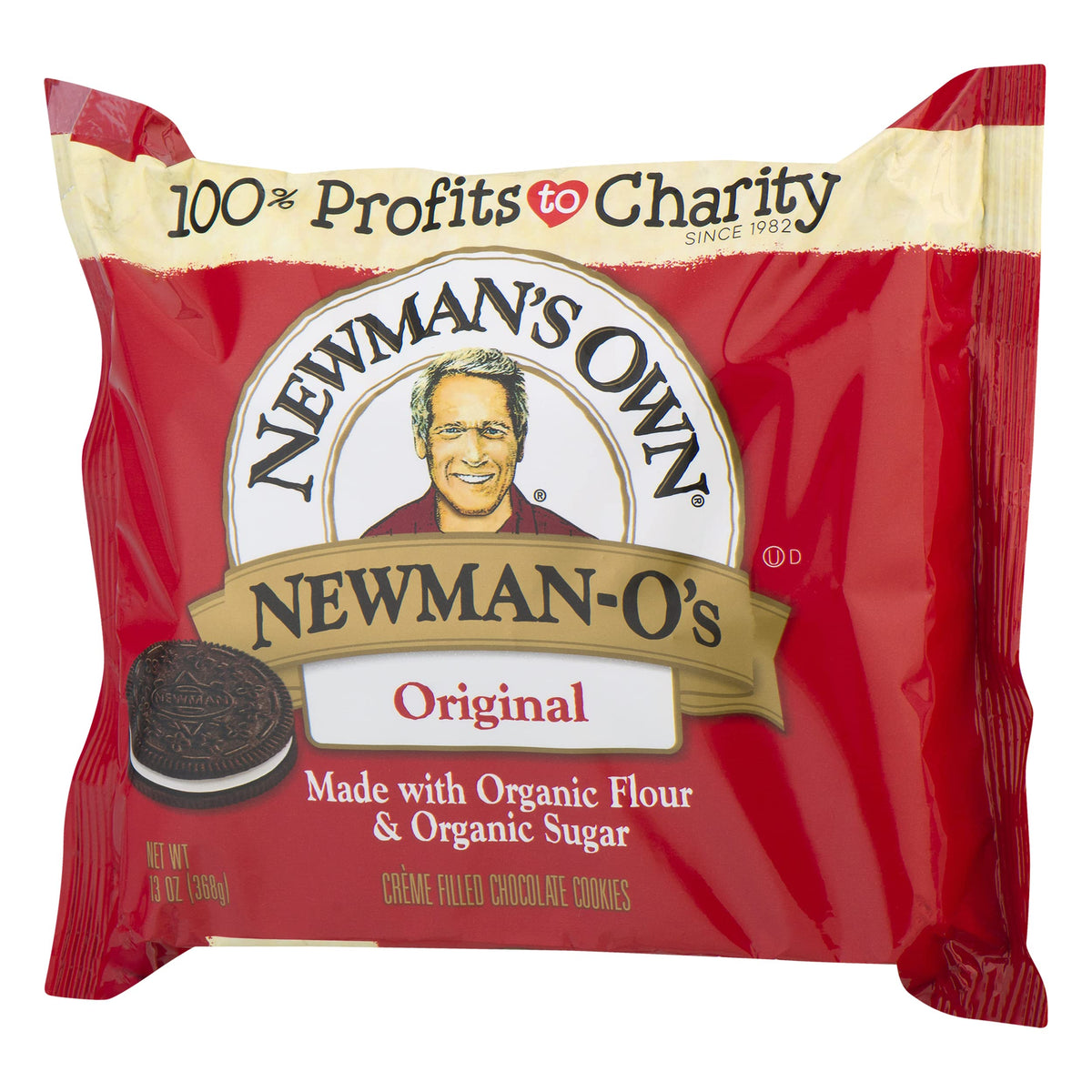 Cross-section of Newman's Own Newman-O's Original showing creamy crème center.