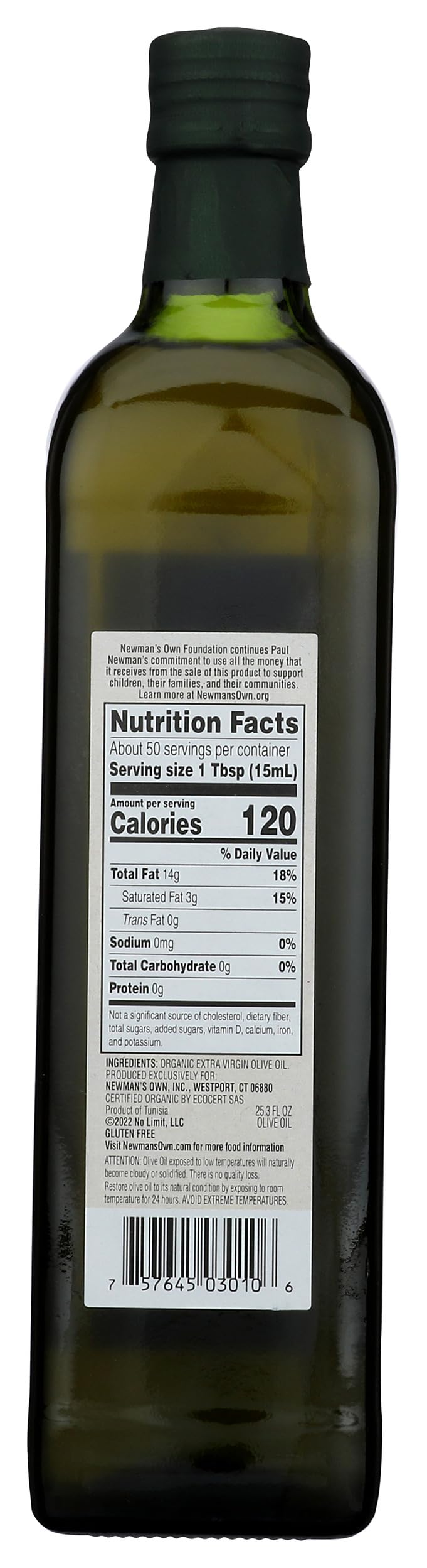 Newman's Own olive oil bottle pour ideal for quick sauté and simple recipes