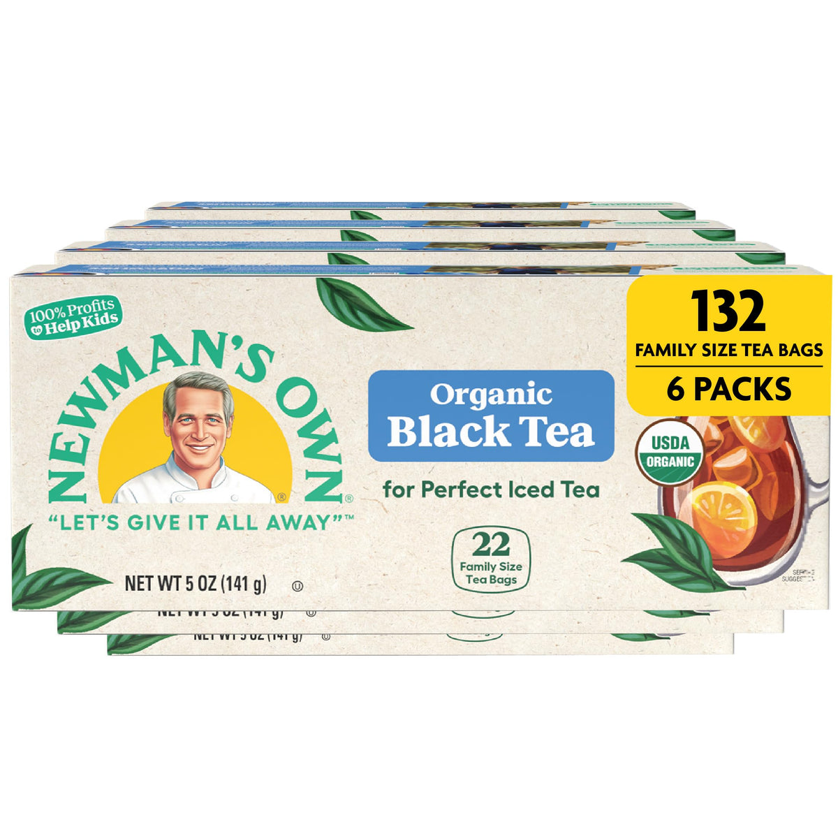 Newman's Own Organic Black Tea box front showing organic, unsweetened blend for daily mornings.