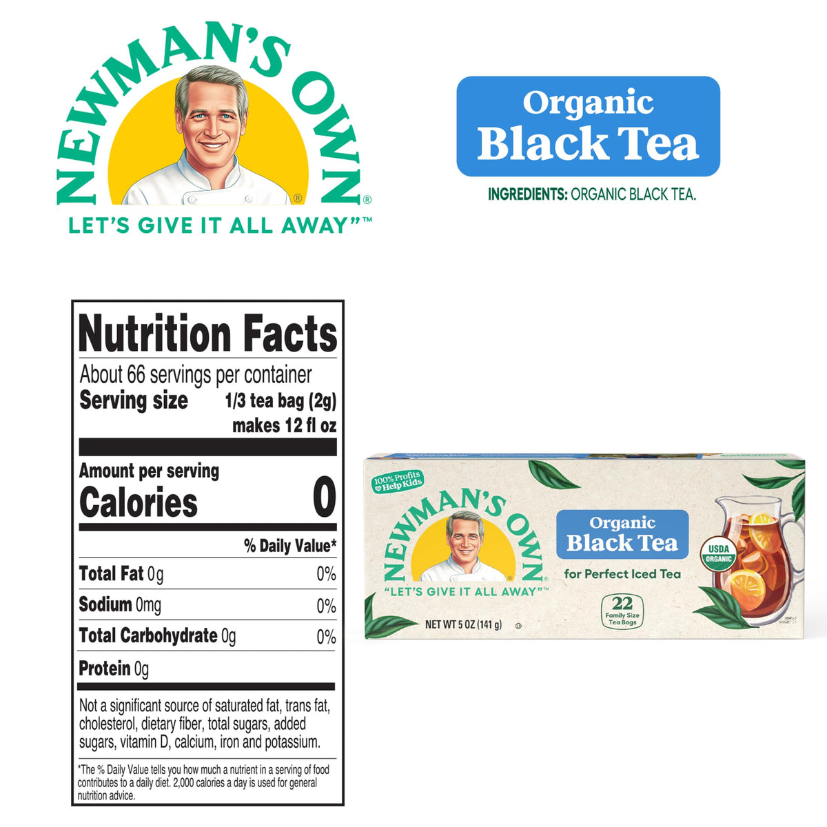 Ingredients of Newman's Own Organic Black Tea from India and Africa.