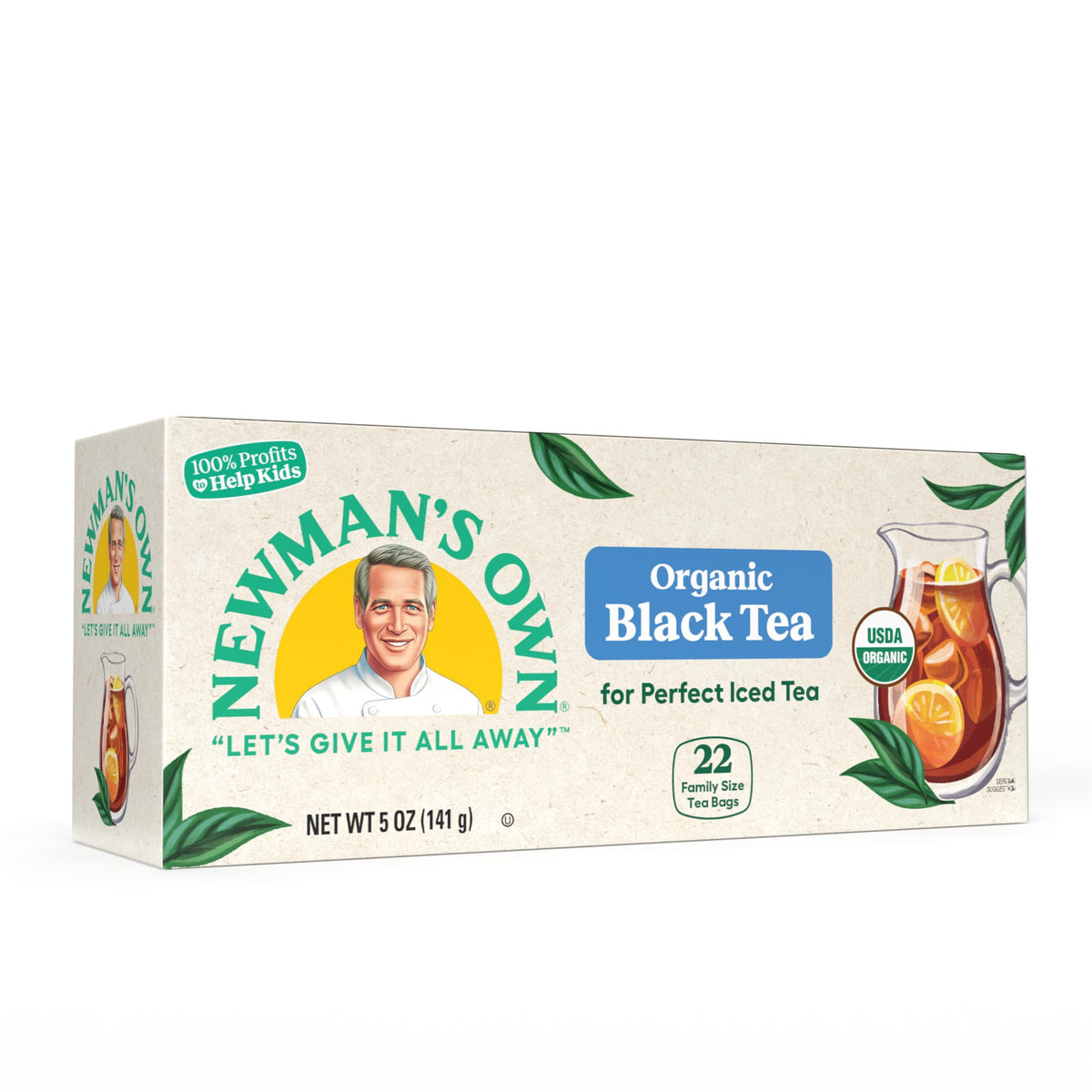 Kosher-certified Newman's Own Organic Black Tea indicating trusted quality.