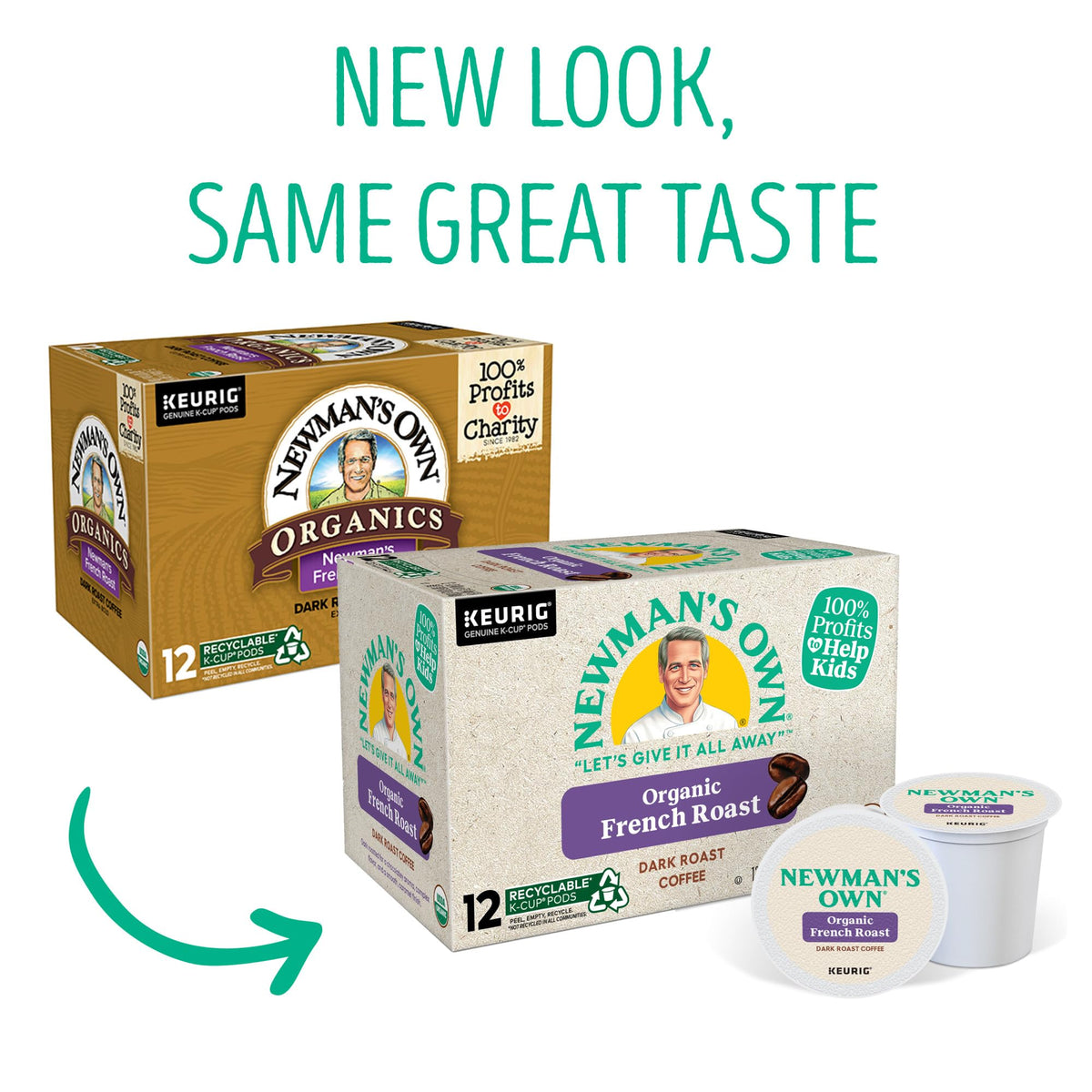 Newman's Own Organic French Roast K-Cup pod ready for Keurig single-serve brewing.