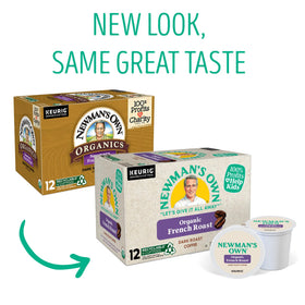 Newman's Own Organic French Roast K-Cup pod ready for Keurig single-serve brewing.