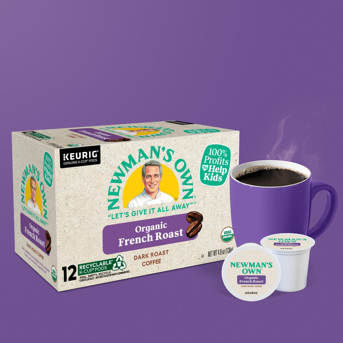 Newman's Own Organic French Roast K-Cups in cup, ready to savor