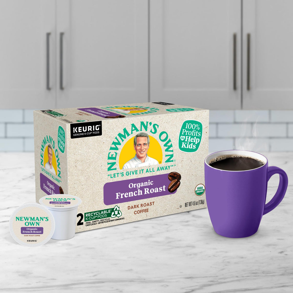 Steaming cup from Newman's Own Organic French Roast K-Cups, rich aroma