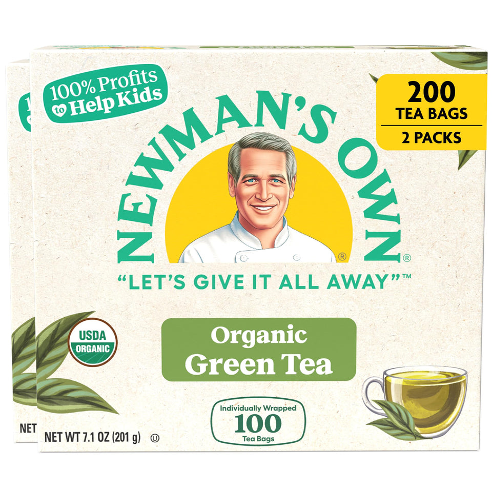 Newman's Own Organic Green Tea box front with pack of 2, ideal for daily refreshment.