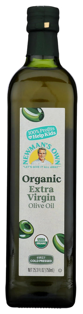 Newman's Own Organic Olive Oil bottle ready for light finishing and cooking